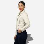 Veste en cuir beige pour femme style perfecto biker