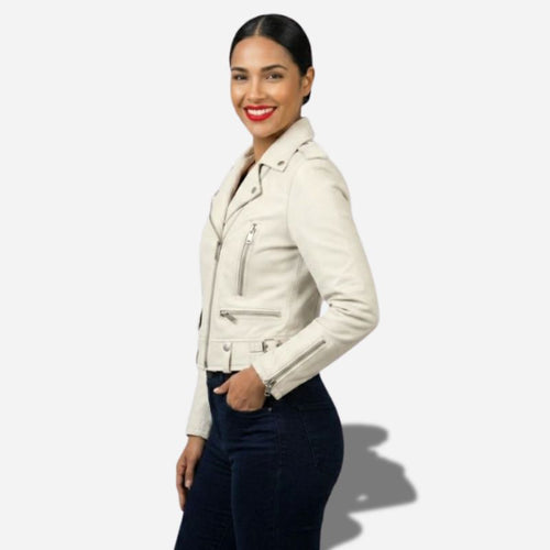 Veste en cuir beige pour femme style perfecto biker