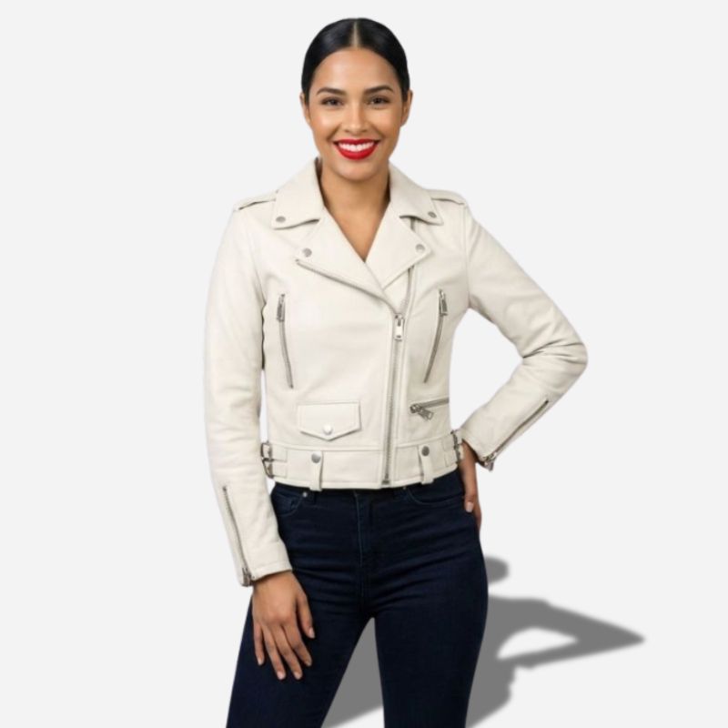 Veste en cuir beige pour femme style perfecto biker