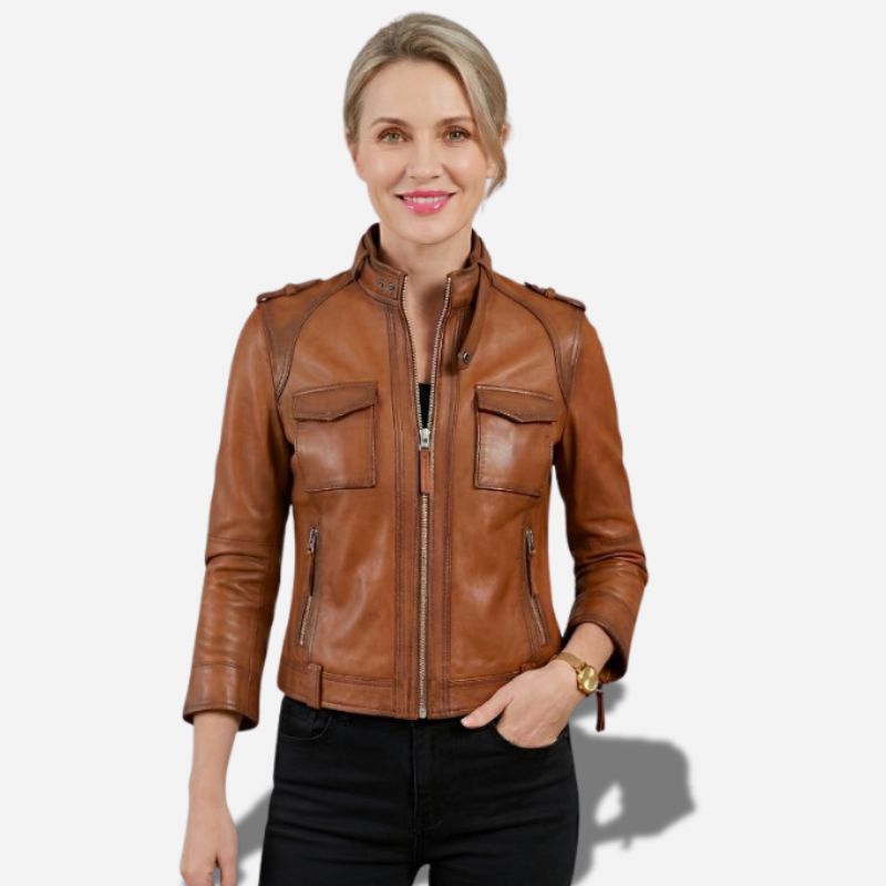 Veste en cuir marron pour femme style vingtage