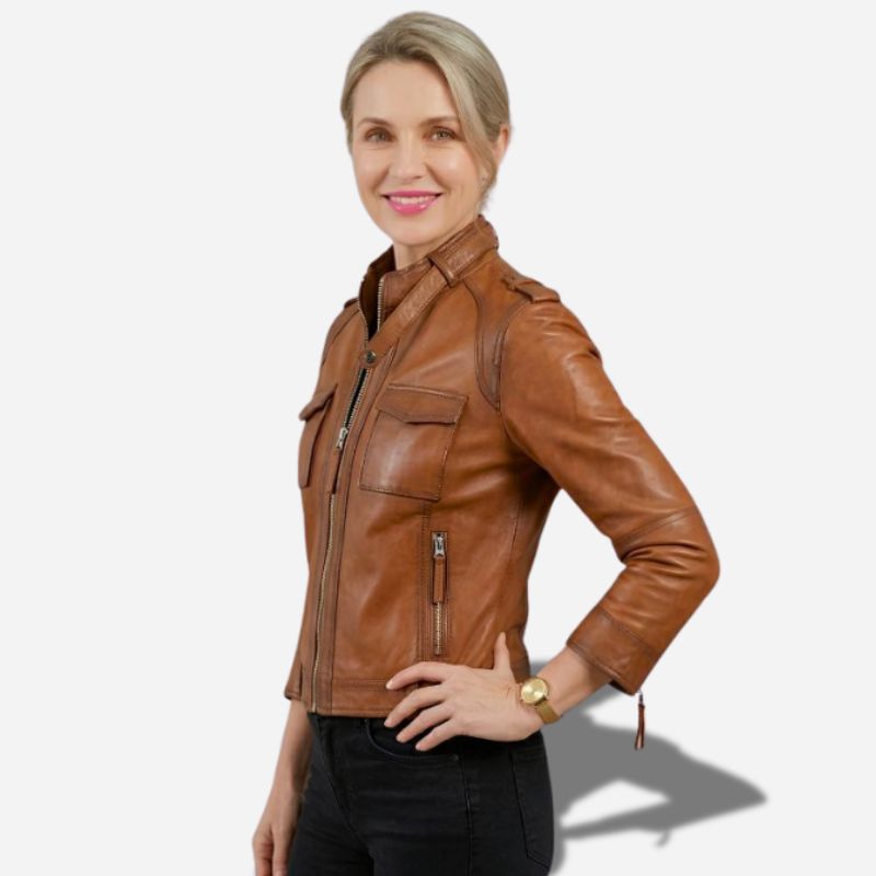 Veste en cuir marron pour femme style vingtage