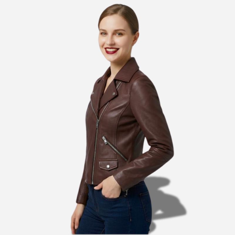 Veste pour femme en cuir marron style perfecto biker