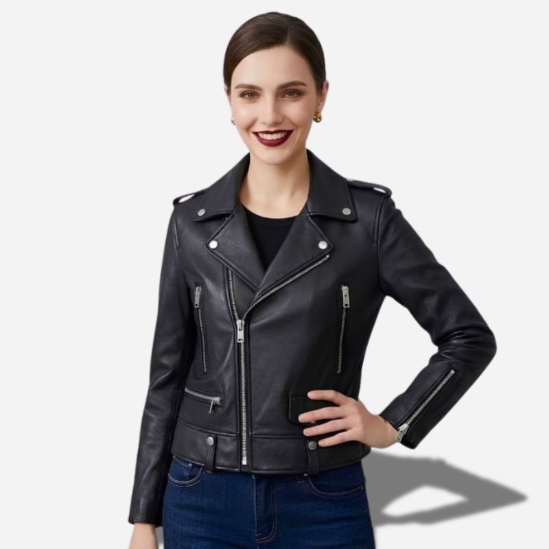 Veste en cuir noir pour femme style perfecto taille ajustée