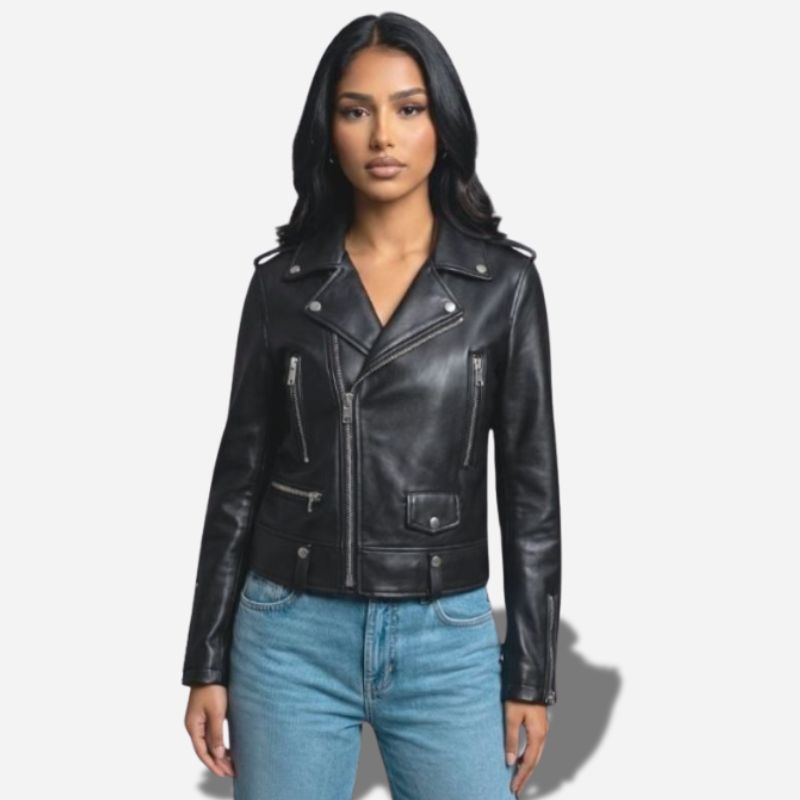 Veste en cuir noir pour femme style perfecto taille ajustée