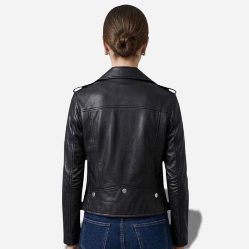 Veste en cuir noir pour femme style perfecto taille ajustée