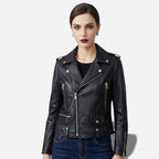 Veste en cuir noir pour femme style perfecto taille ajustée