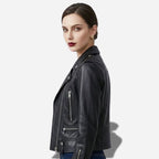 Veste en cuir noir pour femme style perfecto taille ajustée