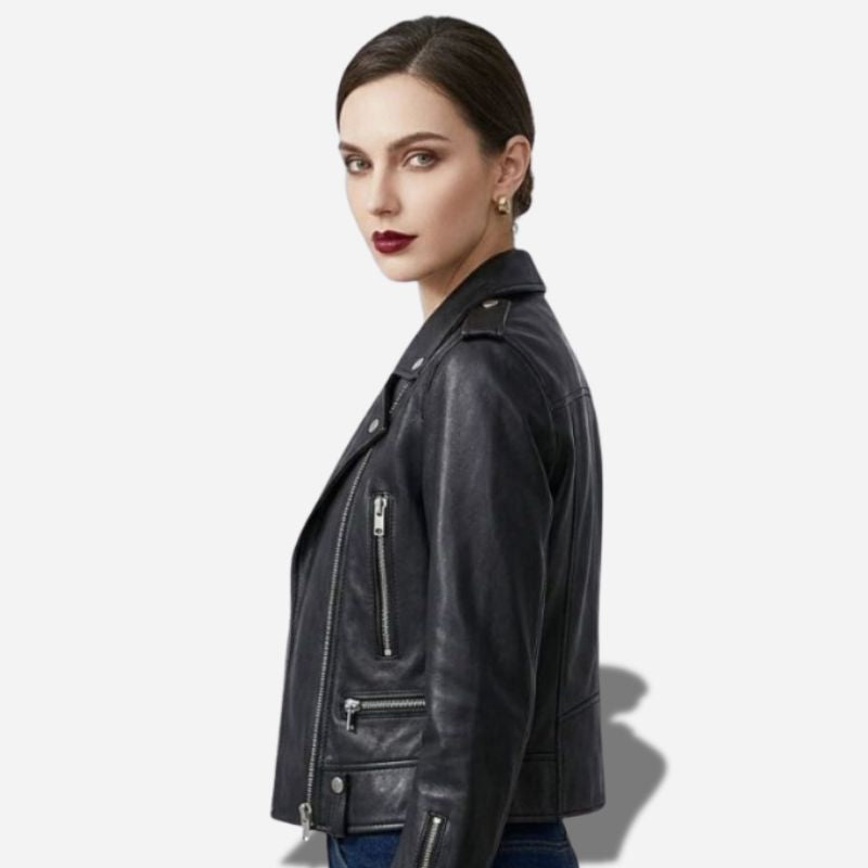 Veste en cuir noir pour femme style perfecto taille ajustée