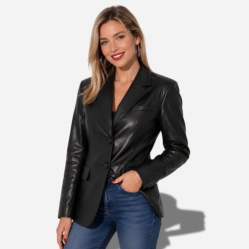 Blazer en cuir pour femme en cuir de vachette ciré noir