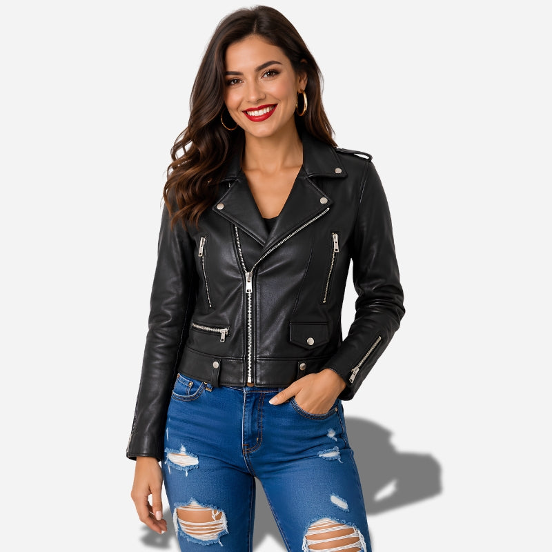 Veste en cuir noir pour femme style perfecto