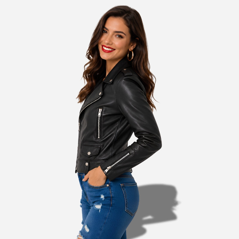 Veste en cuir noir pour femme style perfecto
