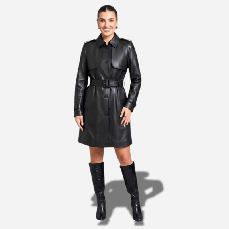 Longue veste en cuir pour femme style trench