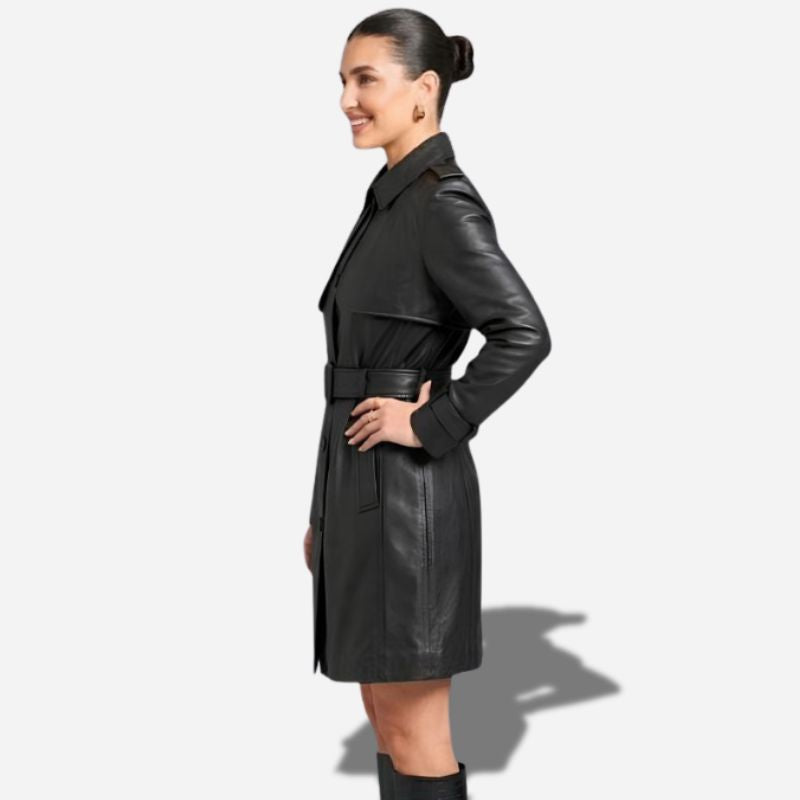 Longue veste en cuir pour femme style trench