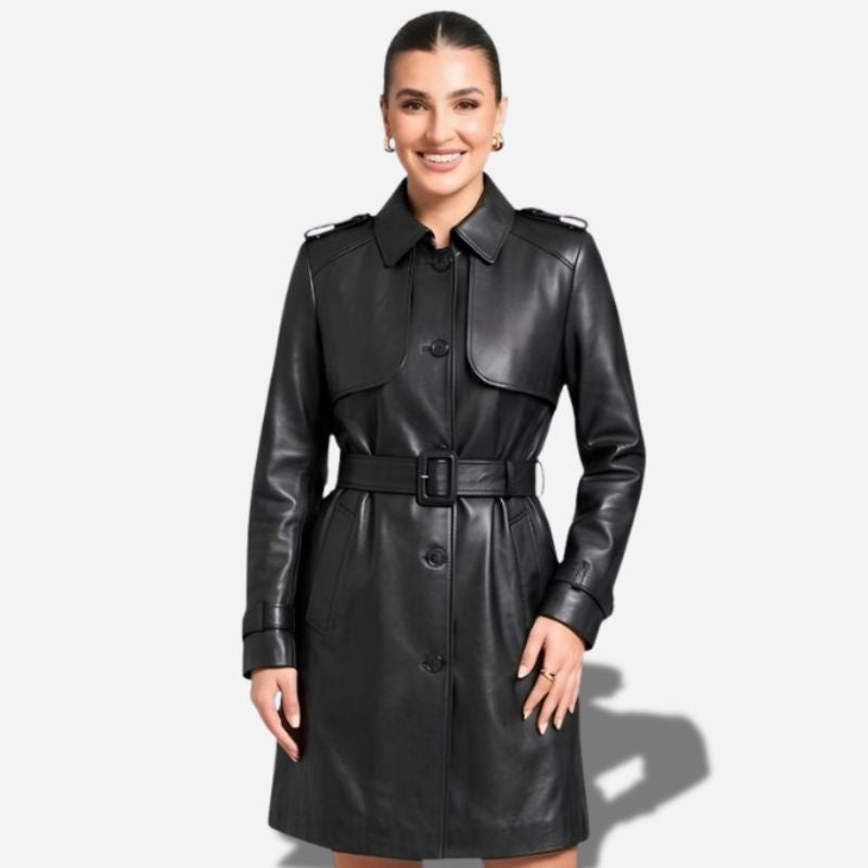 Longue veste en cuir pour femme style trench
