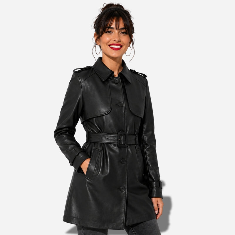 Longue veste en cuir femme style trench avec ceinture