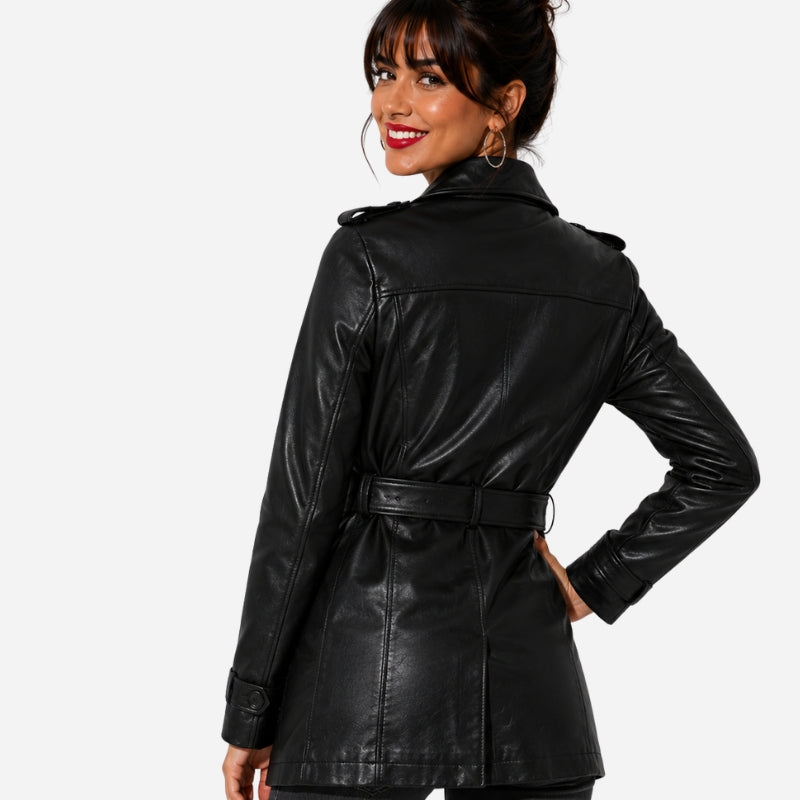 Longue veste en cuir femme style trench avec ceinture