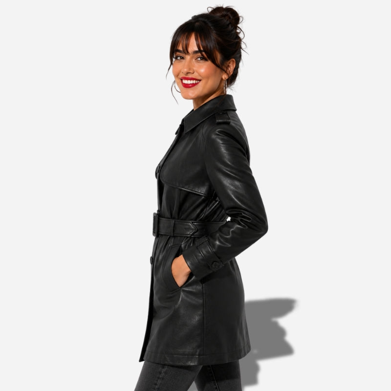 Longue veste en cuir femme style trench avec ceinture