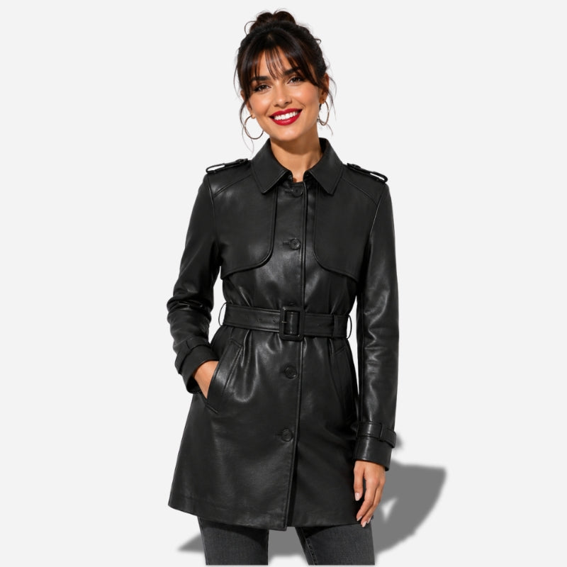 Longue veste en cuir femme style trench avec ceinture