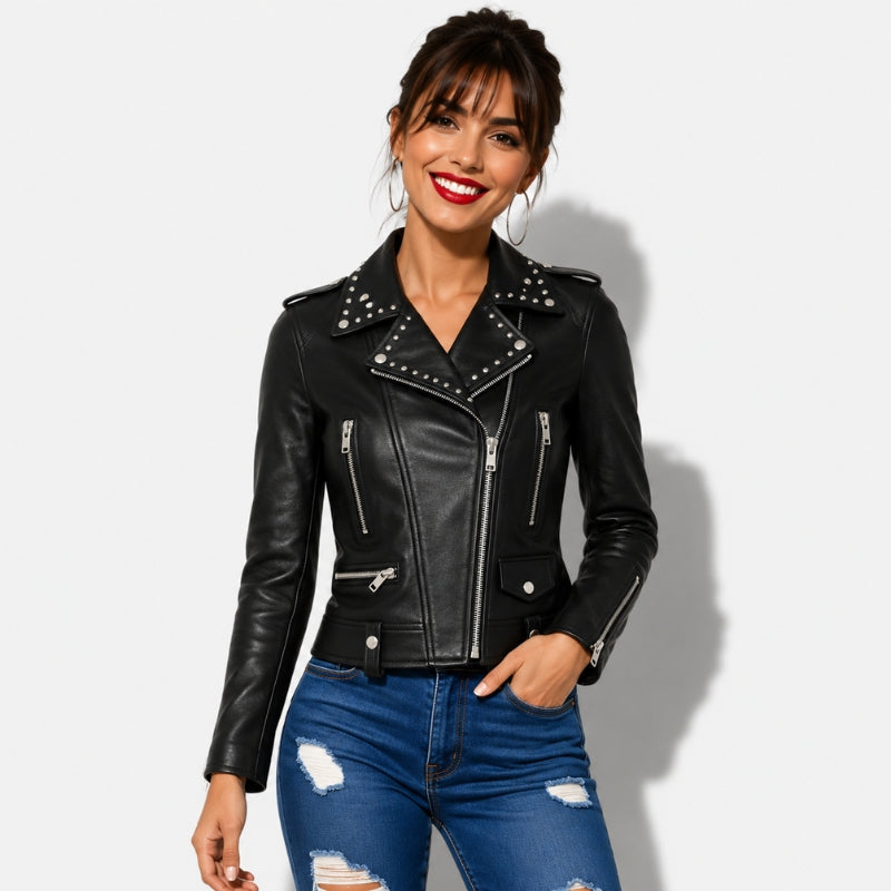 Veste en cuir noir femme perfecto clouté en cuir d'agneau
