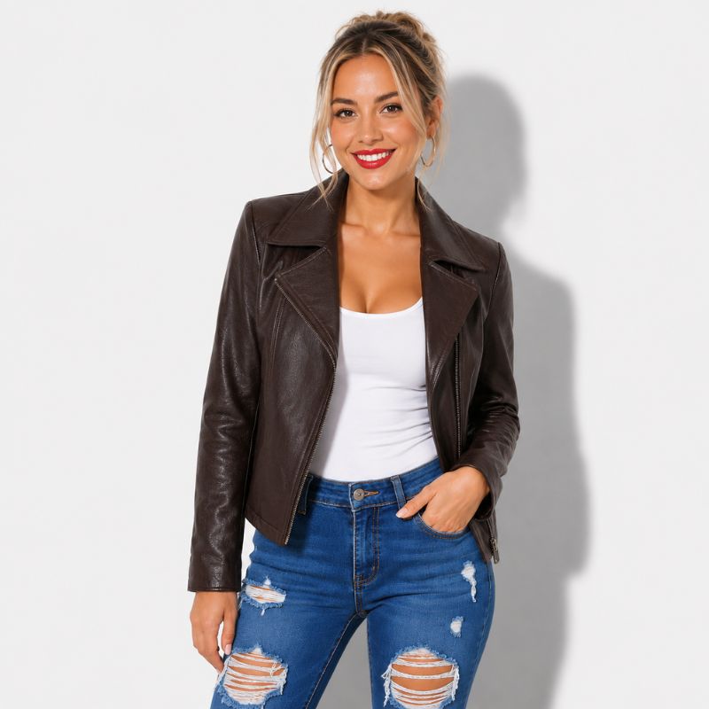 Veste en Simili Cuir Femme Marron Foncé très élégante