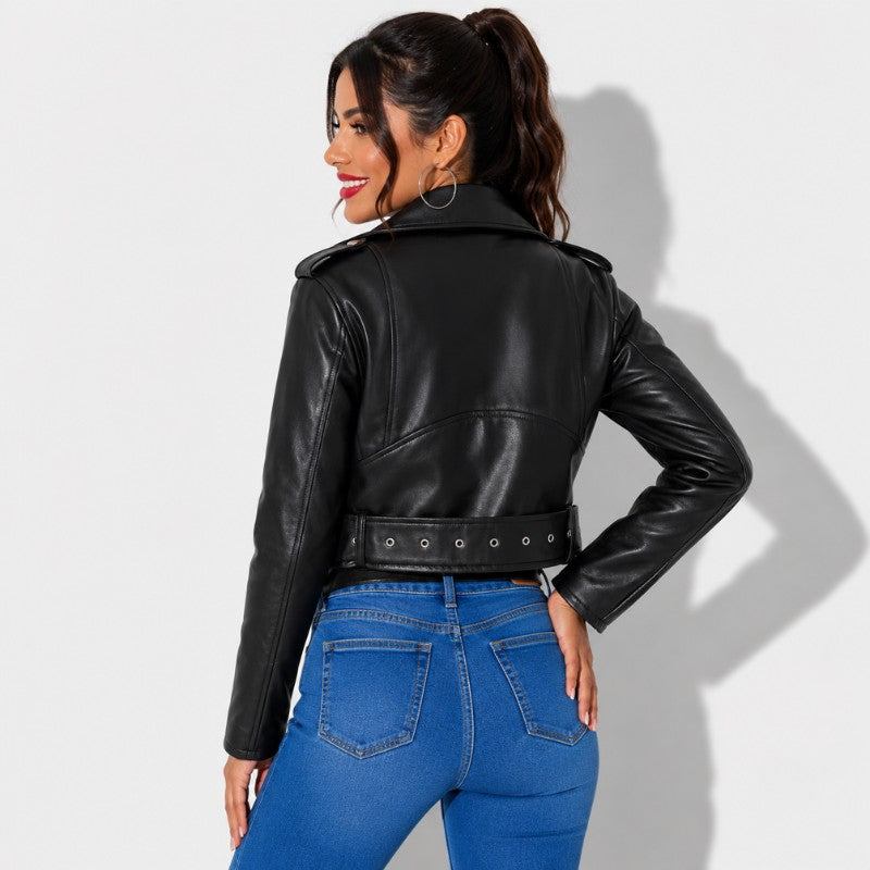 Veste en simili cuir femme Noir style perfecto ceinturé