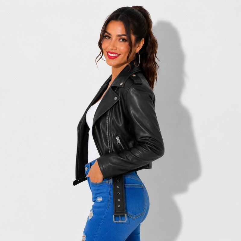 Veste en simili cuir femme Noir style perfecto ceinturé
