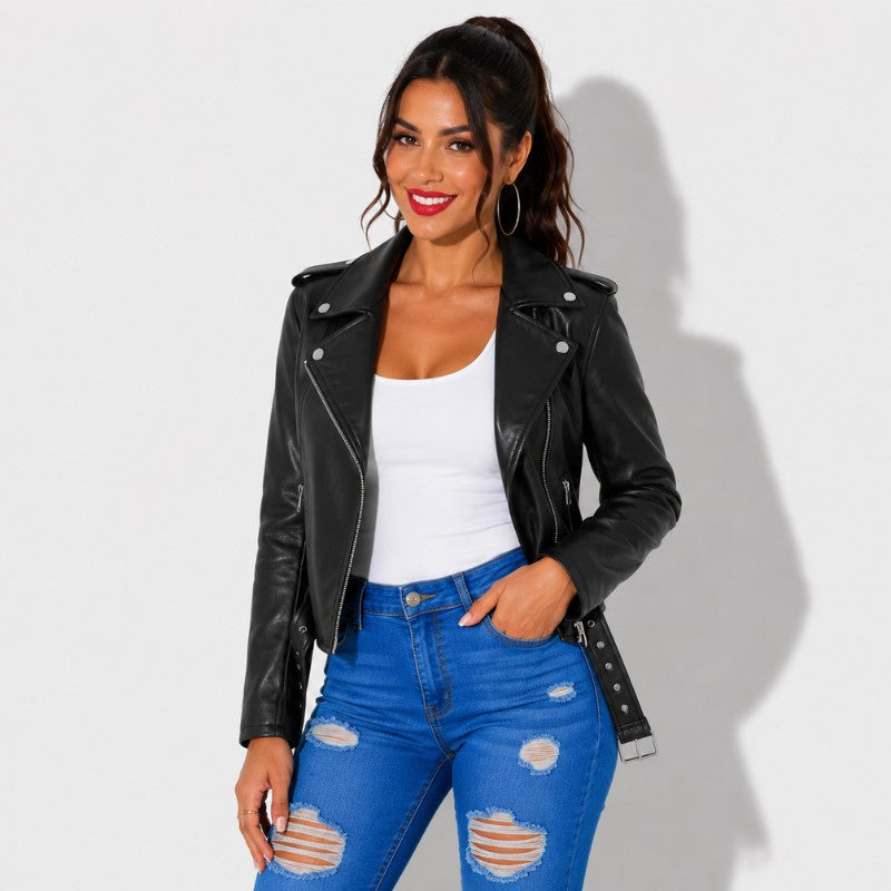 Veste en simili cuir femme Noir style perfecto ceinturé