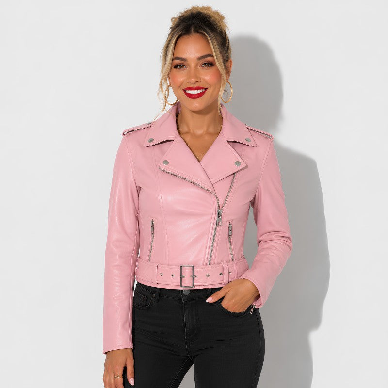 Veste en simili cuir femme rose style perfecto avec ceinture