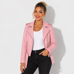 Veste en simili cuir femme rose style perfecto avec ceinture