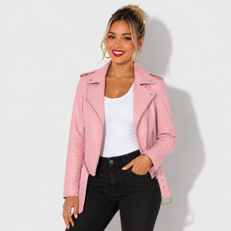 Veste en simili cuir femme rose style perfecto avec ceinture