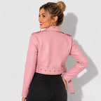 Veste en simili cuir femme rose style perfecto avec ceinture