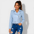 Veste en simili cuir femme bleu ciel style perfecto avec ceinture