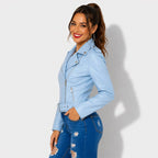Veste en simili cuir femme bleu ciel style perfecto avec ceinture