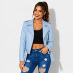 Veste en simili cuir femme bleu ciel style perfecto avec ceinture