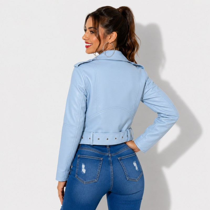 Veste en simili cuir femme bleu ciel style perfecto avec ceinture