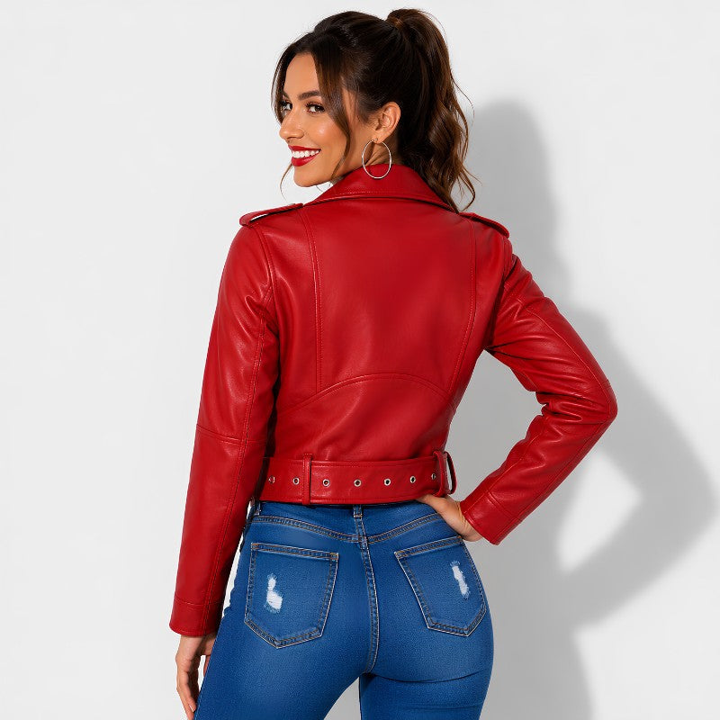 Veste en simili cuir femme rouge style perfecto