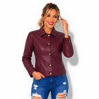 Veste en cuir bordeaux pour femme avec boutons et col chemise