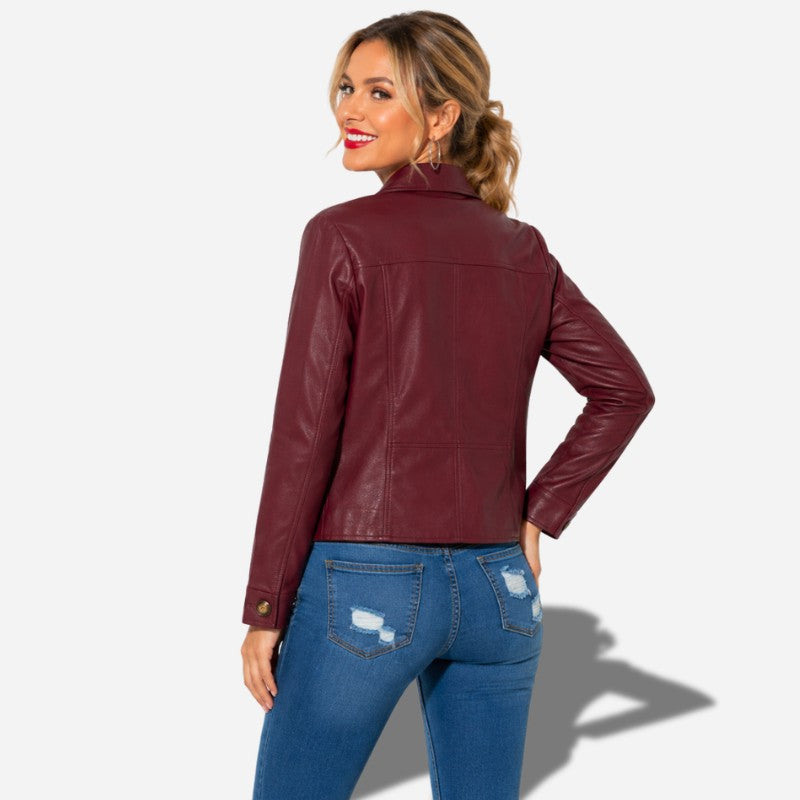 Veste en cuir bordeaux pour femme avec boutons et col chemise