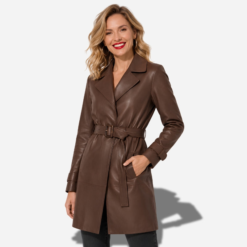 Veste en cuir 3/4 Marron avec ceinture pour femme