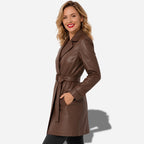 Veste en cuir 3/4 Marron avec ceinture pour femme