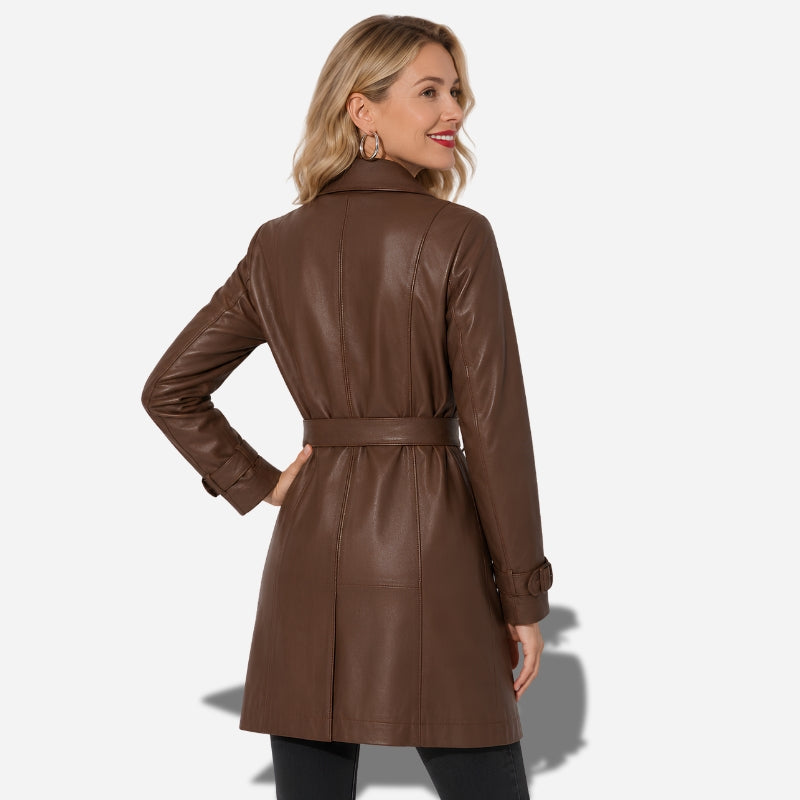 Veste en cuir 3/4 Marron avec ceinture pour femme
