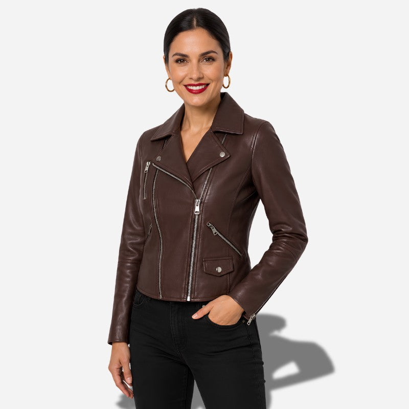 Veste femme en cuir marron style perfecto en cuir d'agneau véritable