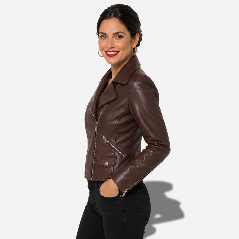 Veste femme en cuir marron style perfecto en cuir d'agneau véritable