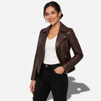 Veste femme en cuir marron style perfecto en cuir d'agneau véritable