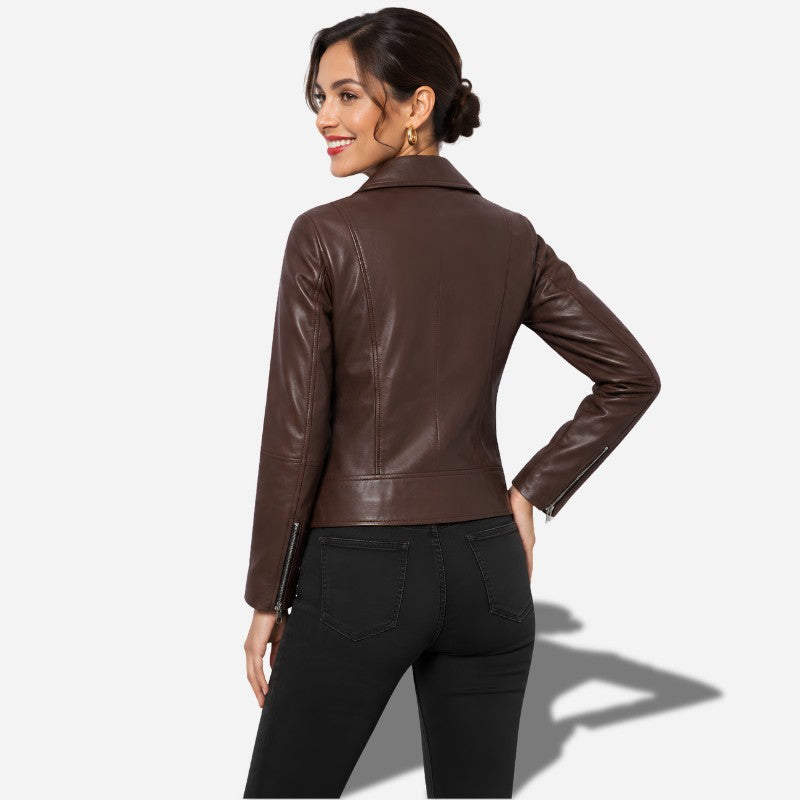 Veste femme en cuir marron style perfecto en cuir d'agneau véritable