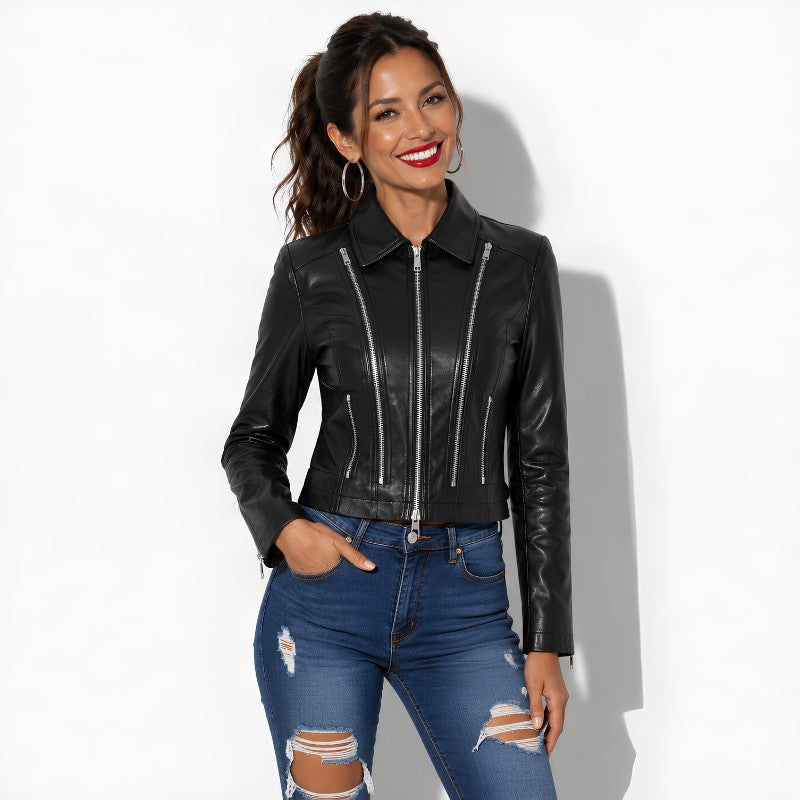Veste en cuir femme noir style perfecto avec plusieurs fermetures en cuir d'agneau veritable