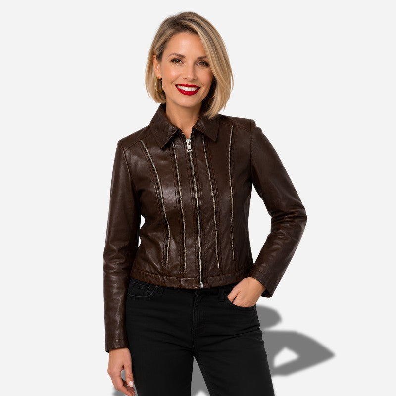 Veste en cuir marron foncé pour femme en cuir d'agneau véritable avec col chemise