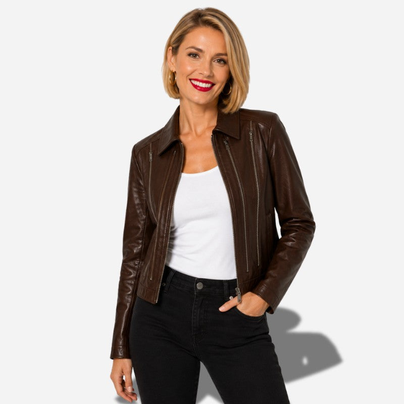 Veste en cuir marron foncé pour femme en cuir d'agneau véritable avec col chemise