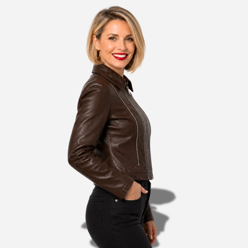 Veste en cuir marron foncé pour femme en cuir d'agneau véritable avec col chemise