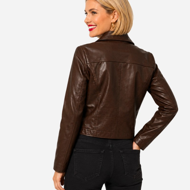 Veste en cuir marron foncé pour femme en cuir d'agneau véritable avec col chemise